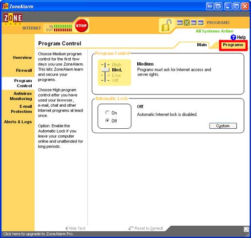 Konfiguroida Zone Alarm Firewall Free
1. Open Zone Labs Security ja Klikkaa Program Control.