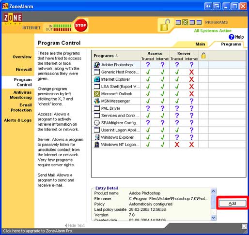 Konfiguroida Zone Alarm Firewall Free
1. Open Zone Labs Security ja Klikkaa Program Control.