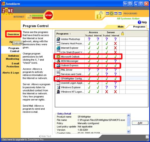 Konfiguroida Zone Alarm Firewall Free
1. Open Zone Labs Security ja Klikkaa Program Control.