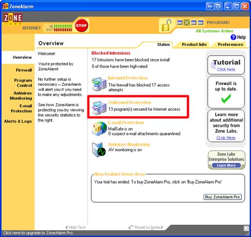 Konfiguroida Zone Alarm Firewall Free
1. Open Zone Labs Security ja Klikkaa Program Control.