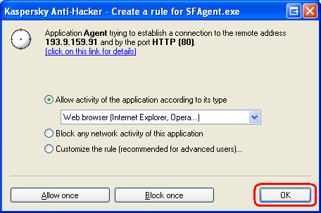 2. "SPAMfighter Configuration Tool" ist die Hauptanwendung von SPAMfighter, welche u. a. Mails auf Spam überprüft. Wählen Sie hier bitte "Aktivität der Anwendung je nach Typ erlauben - Alle erlauben" aus der Auswahlliste, wie unten angezeigt, andernfalls kann SPAMfighter nicht funktionieren.