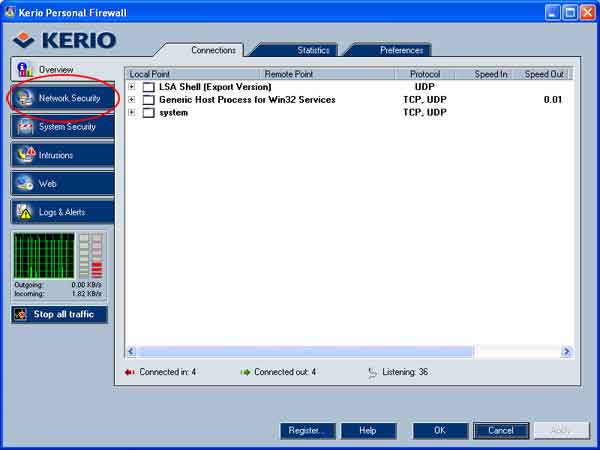 1. Start het Kerio Firewall engine programma. (klik met de rechter muisknop op het icoontje op de balk en kies "Configuration").