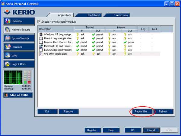 1. Start het Kerio Firewall engine programma. (klik met de rechter muisknop op het icoontje op de balk en kies "Configuration").