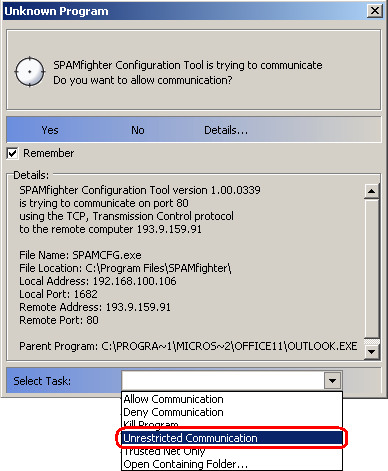 Compruebe si su cortafuegos permite a SPAMfighter conectarse al Internet.