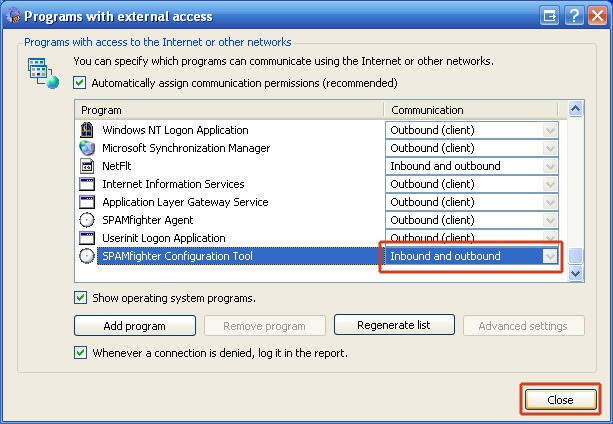 15. Make sure to set the SPAMfighter Configuration Tool to allow "Inbound and outbound" communication and click "Close".