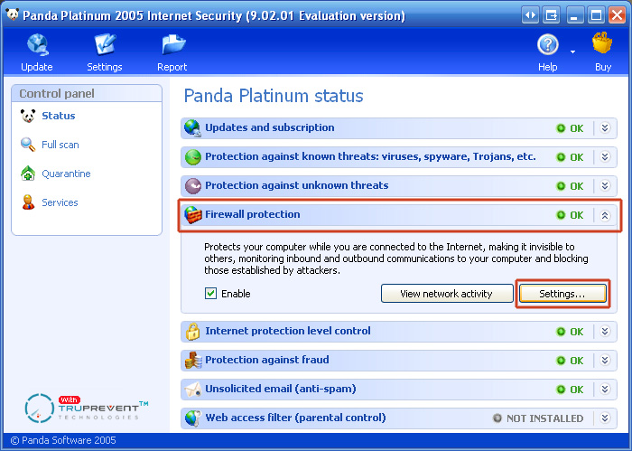 5. Click the pane "Firewall protection" and click "Settings…"
