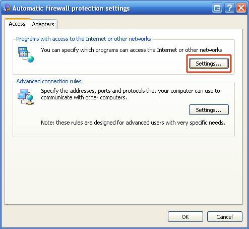 6. Click "Settings..." in "Programs with access to the Internet or other networks".