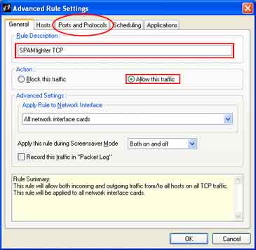 3. Type "SPAMfighter TCP" as rule description. Choose "Allow this traffic". Click the "Ports and Protocols" pane.