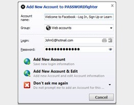 PASSWORDfighter tilbyder at holde styr på passwords hver gang du tilgår et nyt site.