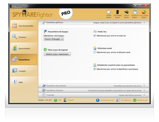 Dans le menu de paramètres vous pouvez régler les options: Sécurité, mise à jour du logiciel, paramètres du proxy, actions pour les fichiers infectés, paramètres de temps réel avancés