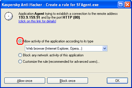 Kaspersky Anti-Hacker screenshot where 'Allow activity of the application to its type - Web browser (Internet Explorer, Opera...)' is checked