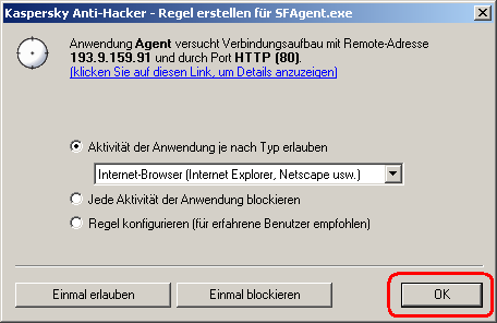 Screenshot von Kaspersky Anti-Hacker, wo 'Aktivität der Anwendung je nach Typ erlauben - Internet-Browser (Internet Explorer, Netscape usw.)' ausgewählt wurde