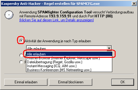Screenshot von Kaspersky Anti-Hacker, wo 'Aktivität der Anwendung je nach Typ erlauben - Alle erlauben' ausgewählt wurde