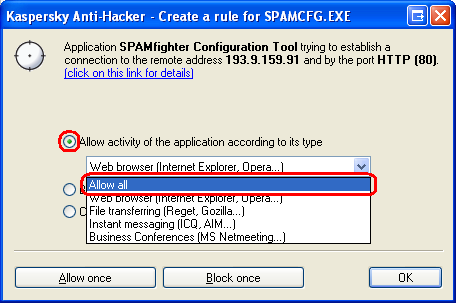 Kaspersky Anti-Hacker screenshot where 'Allow activity of the application to its type - Allow all' is selected