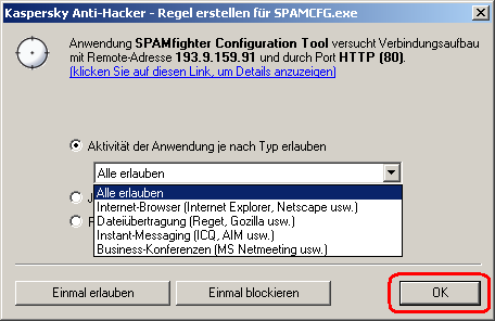 Screenshot von Kaspersky Anti-Hacker, wo der 'OK'-Knopf betätigt wird