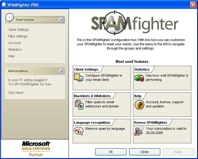 SPAMfighter client screenshot