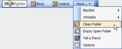 Nếu bạn thực hành lần đầu tiên SPAMfighter,có thể là một ý kiến hay là bạn hảy rửa sạch spam trong thư mục của bạn trước.Bạn có thể thi hành bằng cách nhấn "More" -> "Clean Folder".Chọn nhửng mục nào mà để rửa và SPAMfighter sẻ tìm và lọc thư rác đó vào mục SPAMfighter ngay.