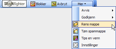 Når du bruker SPAMfighter for første gang, er det en god idé å rense innboksen for all søppelpost. Det gjør du ved å klikke på Mer -> Rens Mappe. Deretter velger du hvilken mappe/innboks du ønsker å rense. SPAMfighter vil søke igjenom den valgte mappen og filtrere all 
