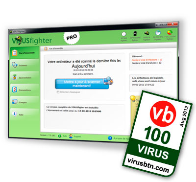 VIRUSfighter est votre protection contre les virus et autres logiciels malveillants qui détruisent votre ordinateur et un outil puissant pour supprimer les virus.
